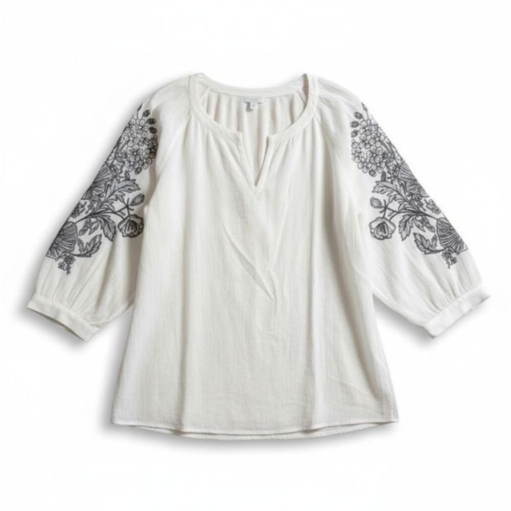 Pure Jill 3X Tunic Top White Floral Embroidered‎ 3/4 Sleeve 100% Cotton